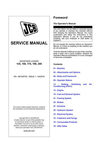 JCB 135, 155, 175, 190, 205 Skid-Steer Loader Service Repair Manual