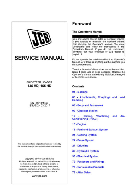 JCB 135 HD, 155 HD Skid Steer Loader Service Repair Manual