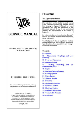 JCB 4160, 4190, 4220 FASTRAC Service Repair Manual (SN from 2184000 onwards)