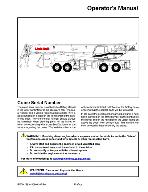 Link Belt HTT-86100 Crane Operator Manual