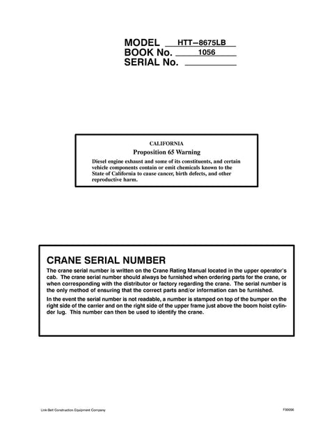 Link Belt HTT-8675LB Crane Operator Manual