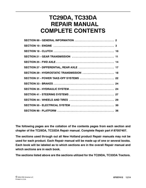 New Holland TC29DA TC33DA Tractor Service Repair Manual