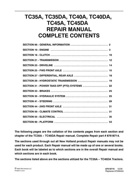 New Holland TC35A TC35DA TC40A TC40DA TC45A, TC45DA Tractor Service Repair Manual