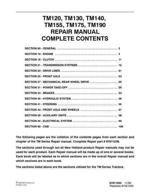 New Holland TM120 TM130 TM140 TM155 TM175 TM190 Tractor Service Repair Manual