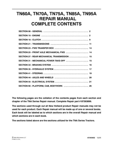 New Holland TN60A TN70A TN75A TN85A TN95A Tractor Service Repair Manual
