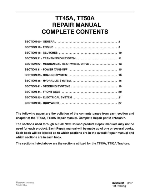 New Holland TT45A TT50A Tractor Service Repair Manual