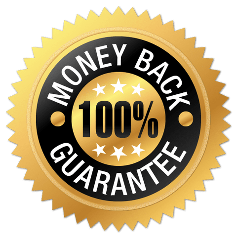 A badge with a gold and black design, stating 'MONEY BACK GUARANTEE' and '100%'.