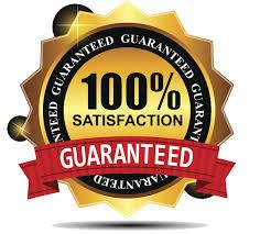 A graphic seal depicting a 100% satisfaction guaranteed badge with a red ribbon.