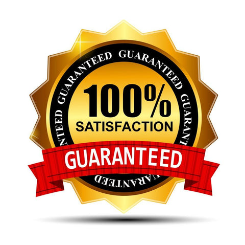 A badge with a golden rim and red ribbon featuring the text '100% Satisfaction Guaranteed'.