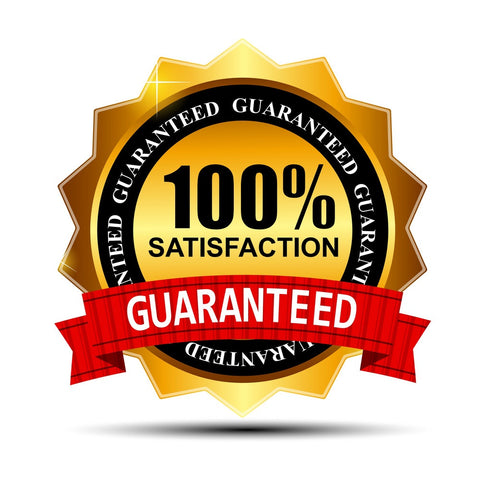A graphic seal depicting a 100% satisfaction guaranteed badge with a red ribbon.